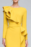 Yellow Sheath Ruffle Midi Work Dress With Long Sleeves
