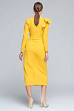 Yellow Sheath Ruffle Midi Work Dress With Long Sleeves