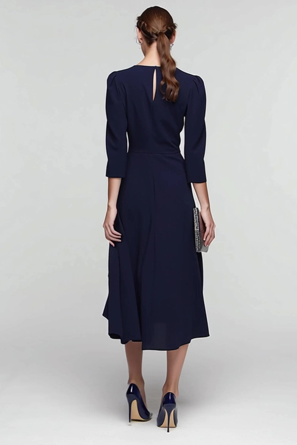 Black And White A-Line V-Neck Midi Work Dress With 3/4 Sleeves