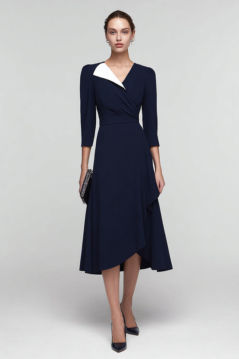 Black And White A-Line V-Neck Midi Work Dress With 3/4 Sleeves