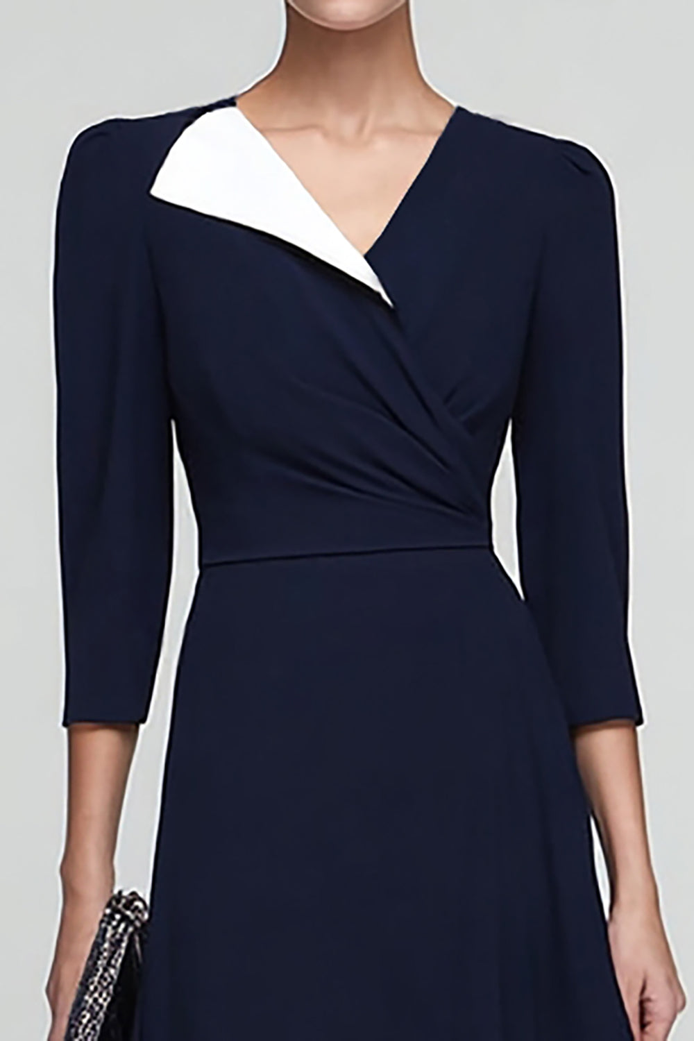 Black And White A-Line V-Neck Midi Work Dress With 3/4 Sleeves