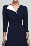 Black And White A-Line V-Neck Midi Work Dress With 3/4 Sleeves