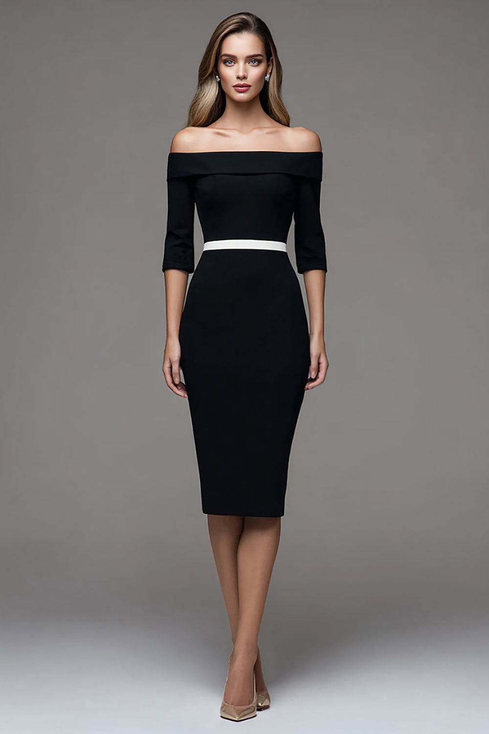 Off The Shoulder Black Pencil Midi Work Dress