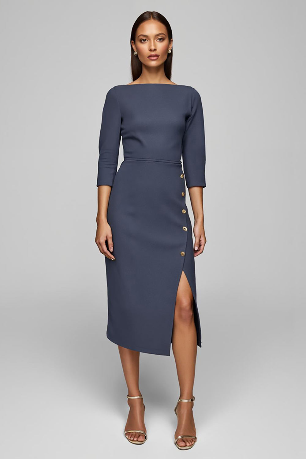 Twilight Sheath 3/4 Sleeve Midi Work Dress With Slit