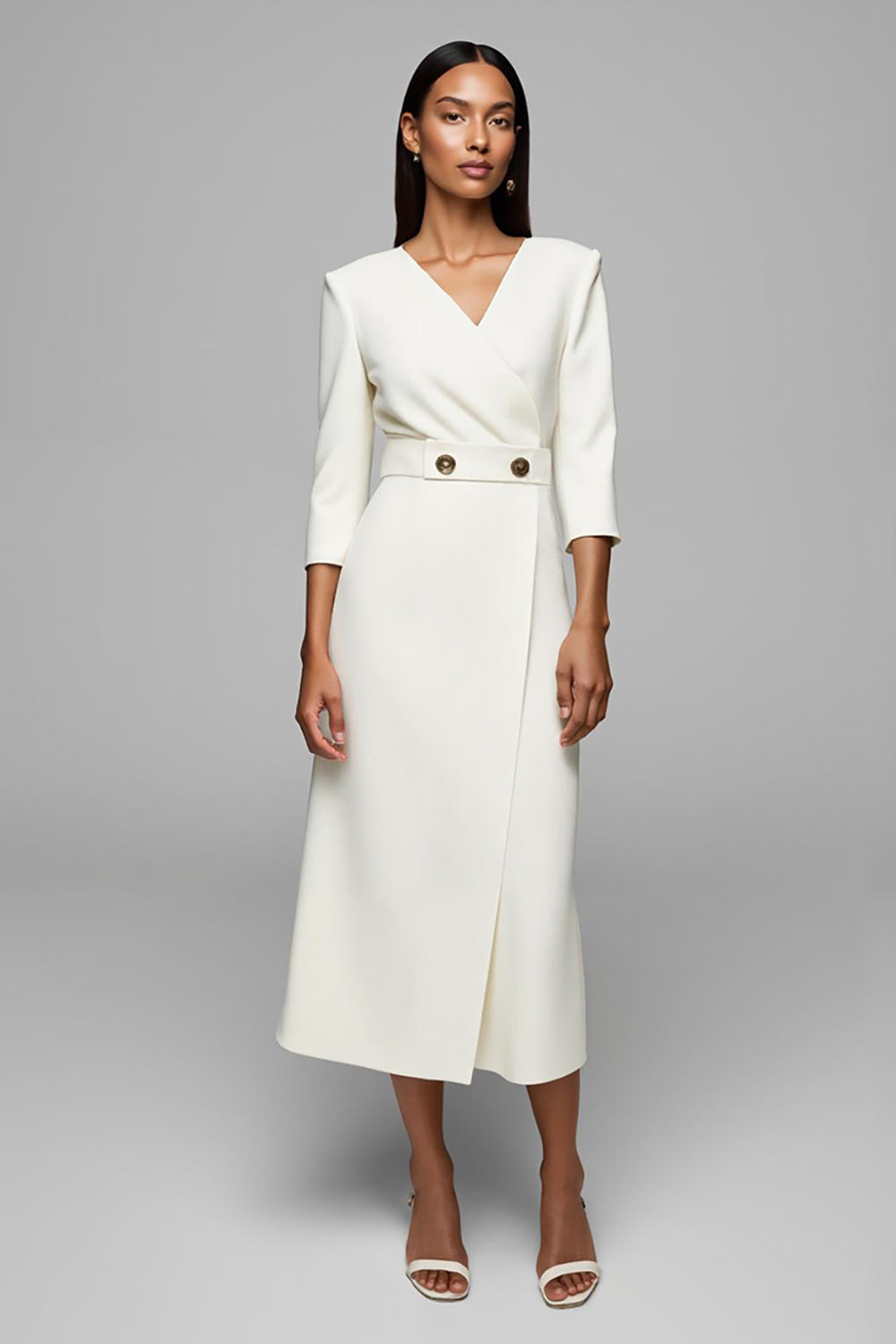 Ivory V-Neck Midi Work Dress With 3/4 Sleeves