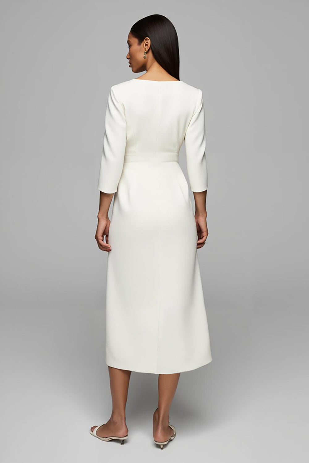 Ivory V-Neck Midi Work Dress With 3/4 Sleeves