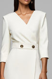 Ivory V-Neck Midi Work Dress With 3/4 Sleeves