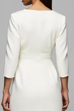 Ivory V-Neck Midi Work Dress With 3/4 Sleeves