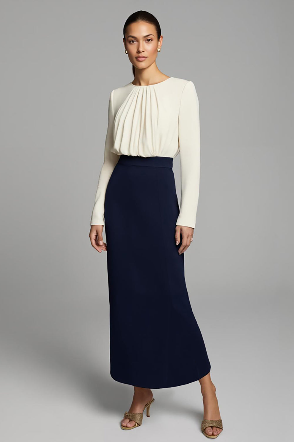 Elegant Sheath Long Sleeve Navy and White Business Casual Dress