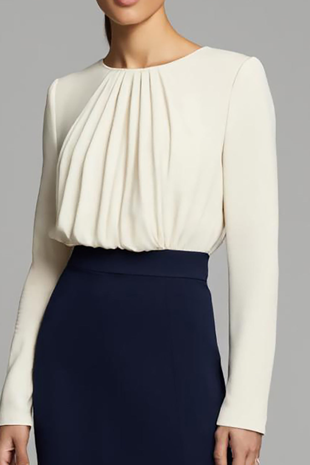 Elegant Sheath Long Sleeve Navy and White Business Casual Dress