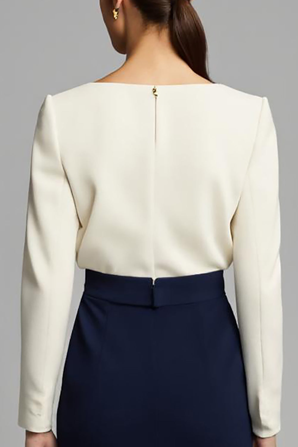 Elegant Sheath Long Sleeve Navy and White Business Casual Dress