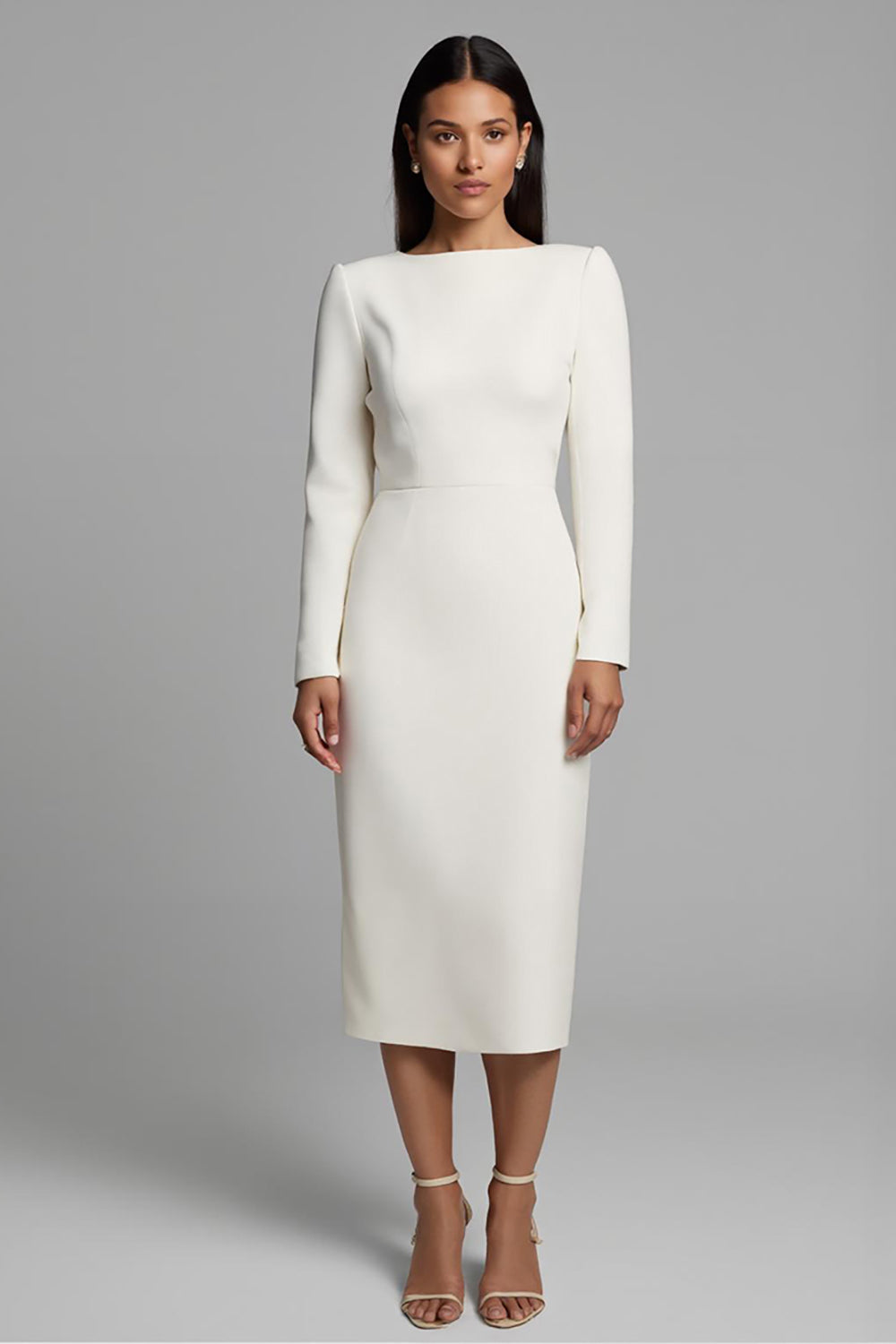 Ivory Sheath Long Sleeve Midi Work Dress with Slit
