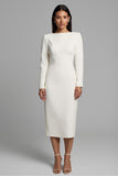 Ivory Sheath Long Sleeve Midi Work Dress with Slit