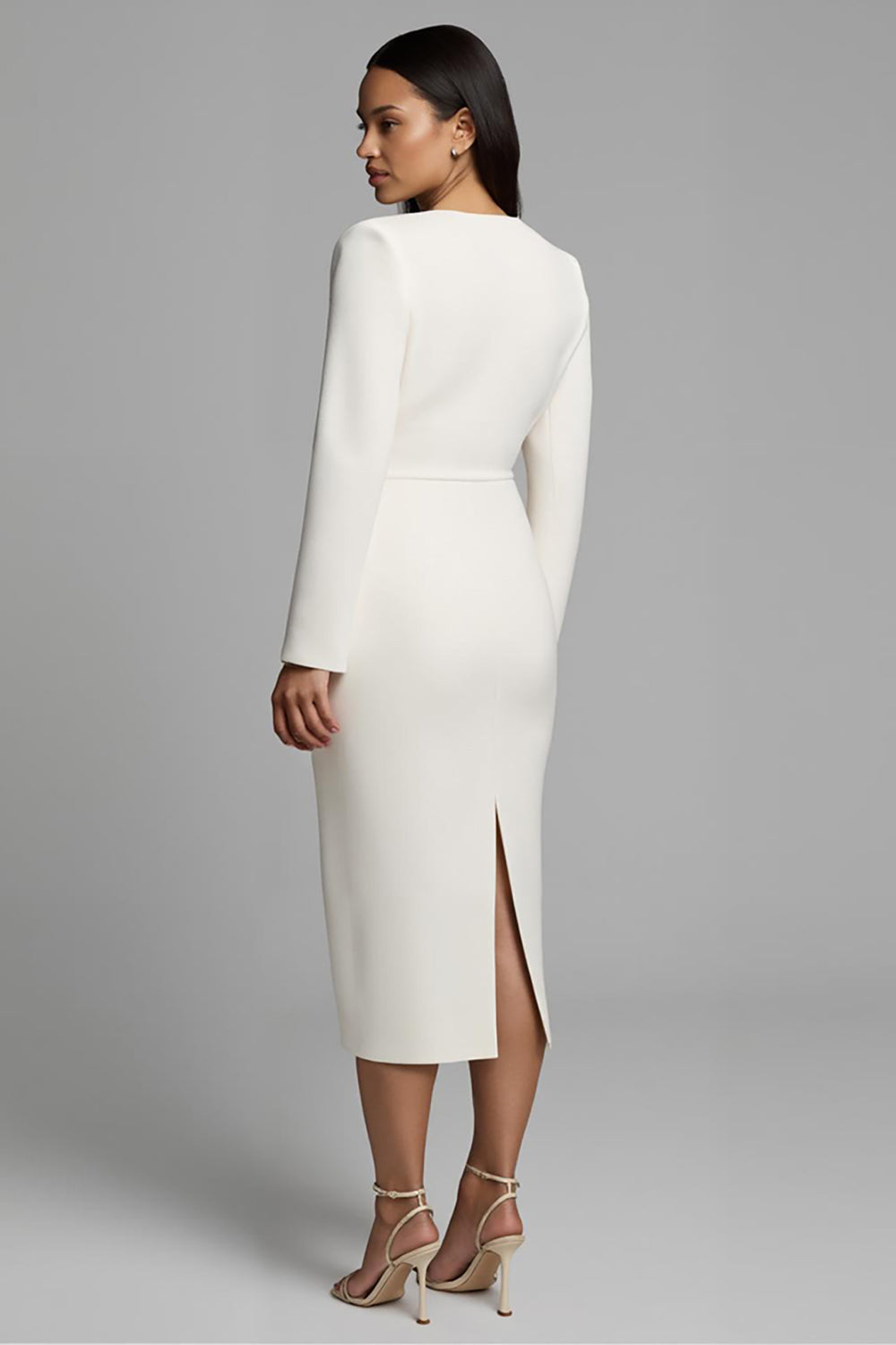 Ivory Sheath Long Sleeve Midi Work Dress with Slit
