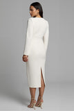 Ivory Sheath Long Sleeve Midi Work Dress with Slit