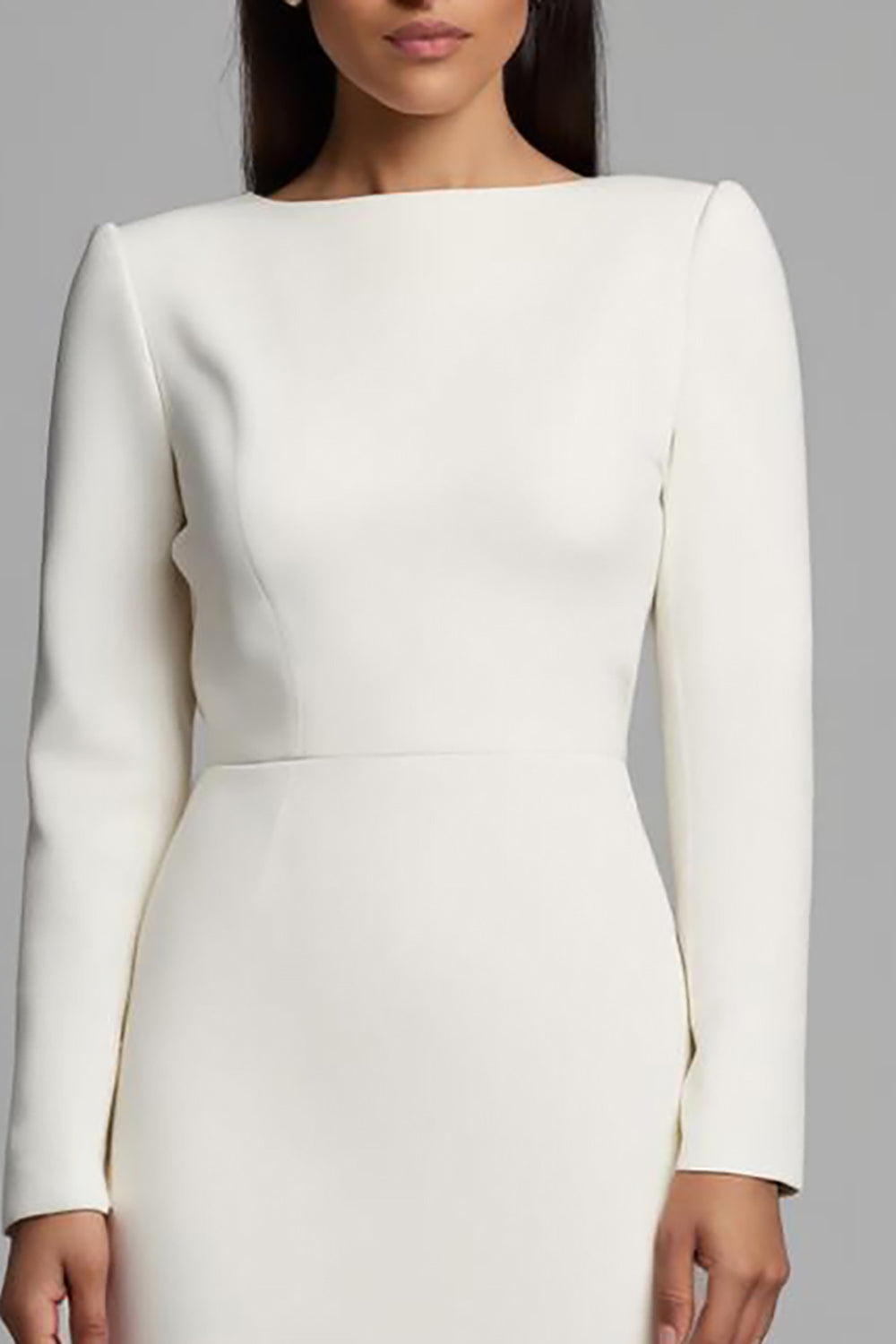 Ivory Sheath Long Sleeve Midi Work Dress with Slit