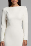 Ivory Sheath Long Sleeve Midi Work Dress with Slit
