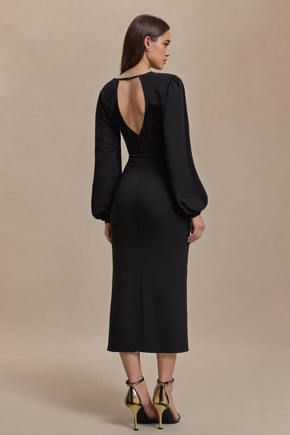 Black Sheath Long Sleeve Midi Work Dress With Slit