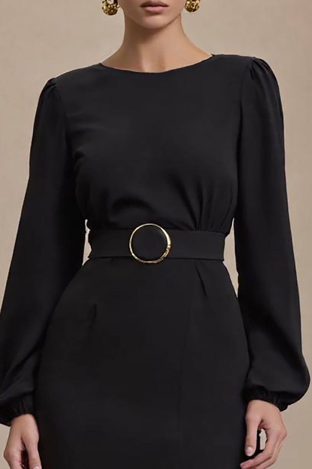 Black Sheath Long Sleeve Midi Work Dress With Slit