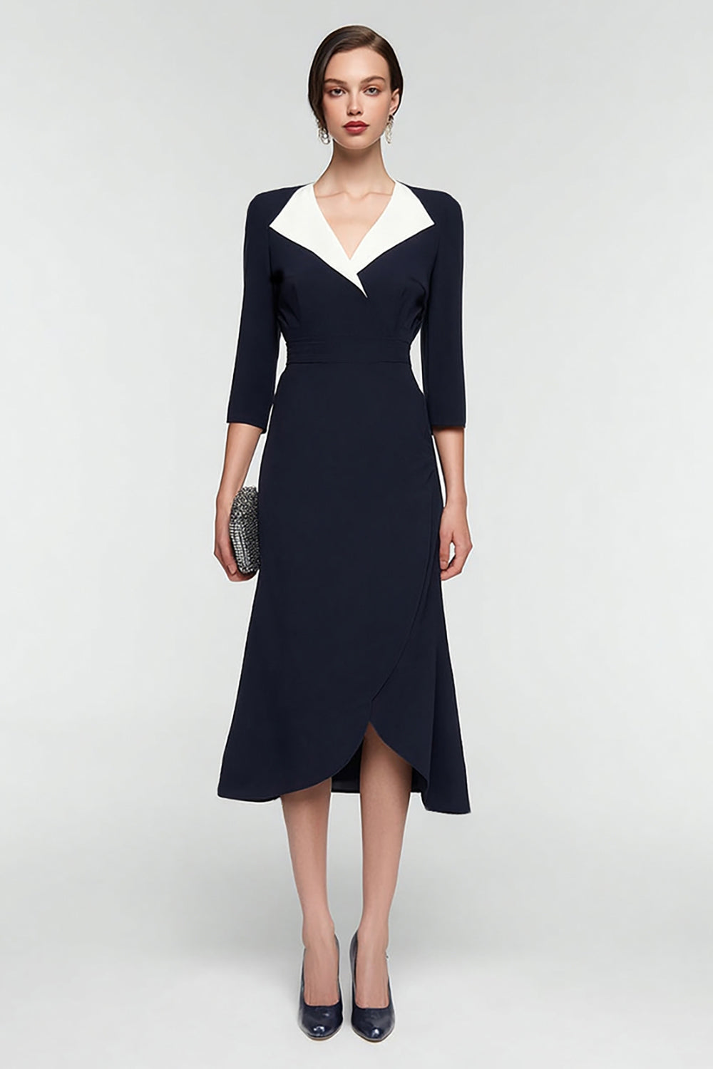 A-Line Black and White Midi Work Dress