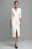 Ivory V-Neck Sheath Half Sleeve Work Dress With Sash