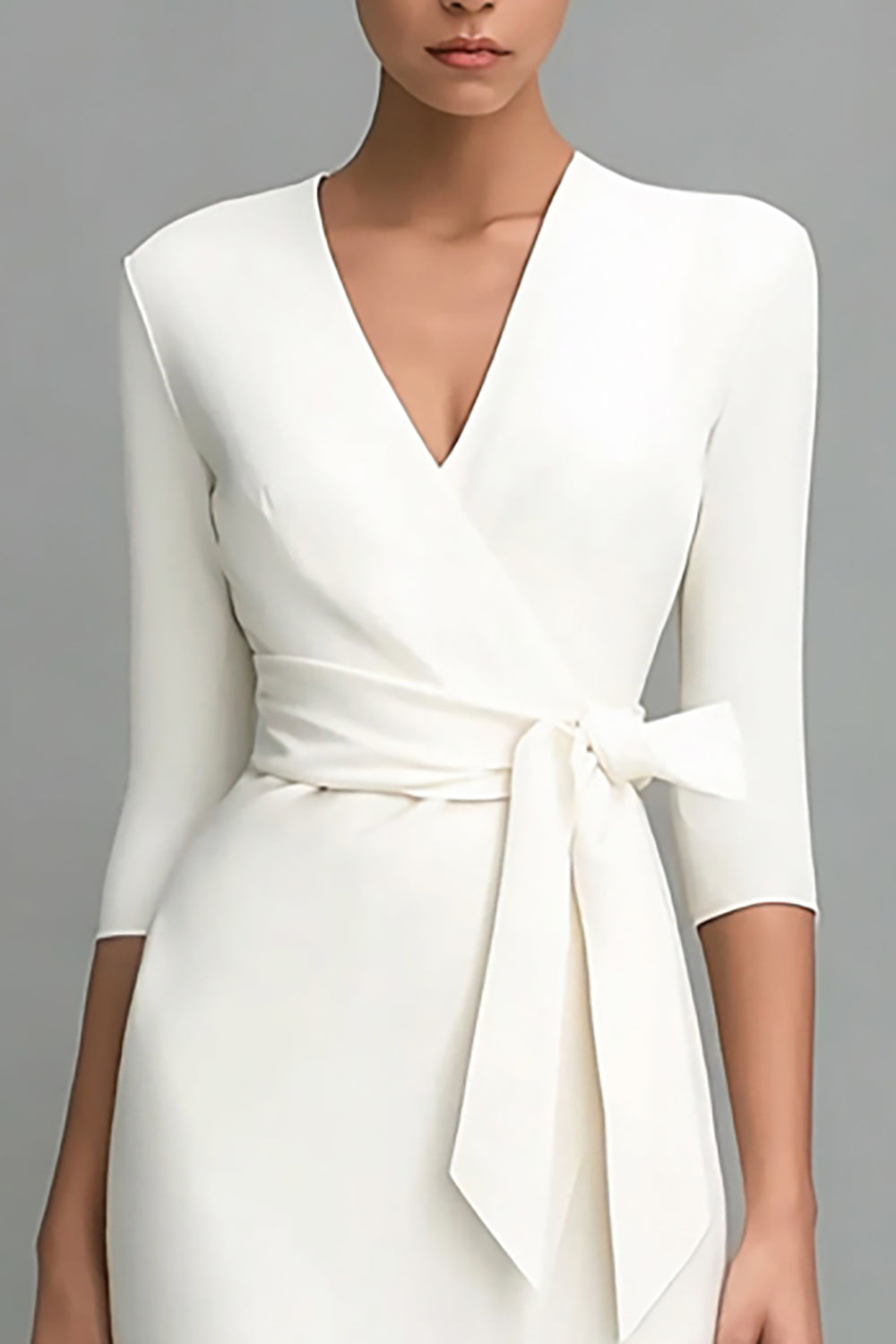 Ivory V-Neck Sheath Half Sleeve Work Dress With Sash