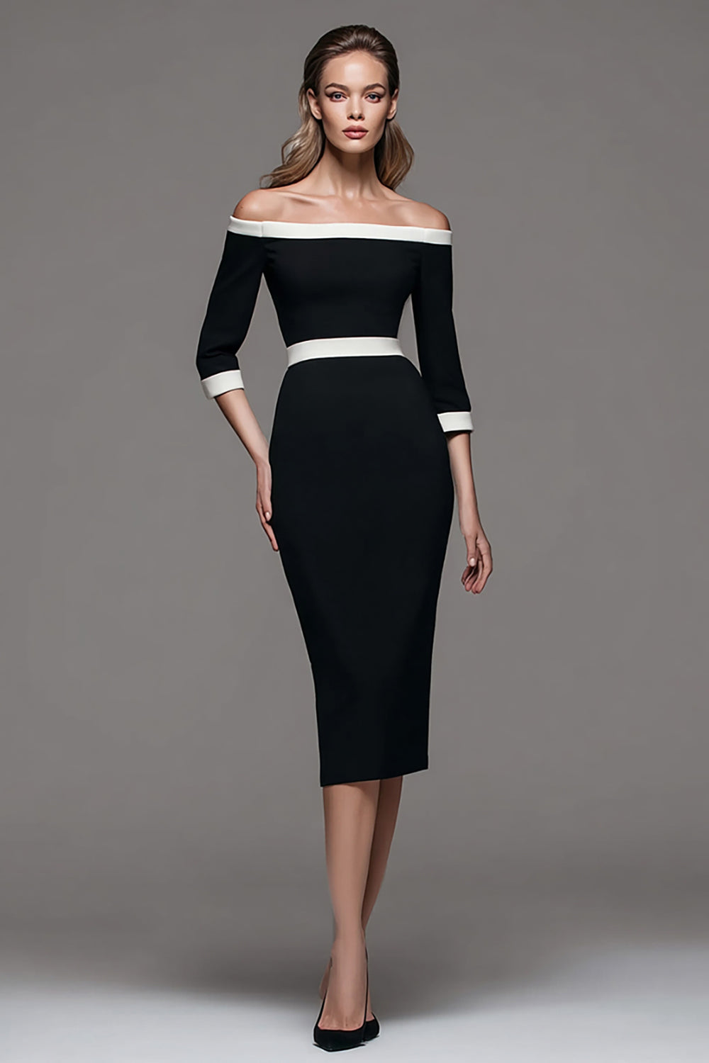 Off The Shoulder Black and White Pencil Work Dress