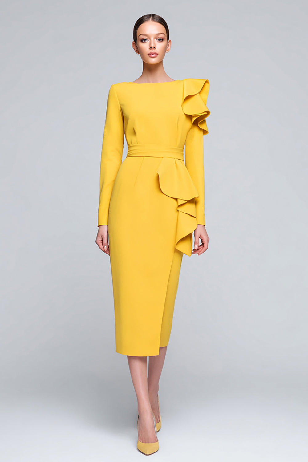Yellow Long Sleeve Sheath Midi Work Dress With Ruffles