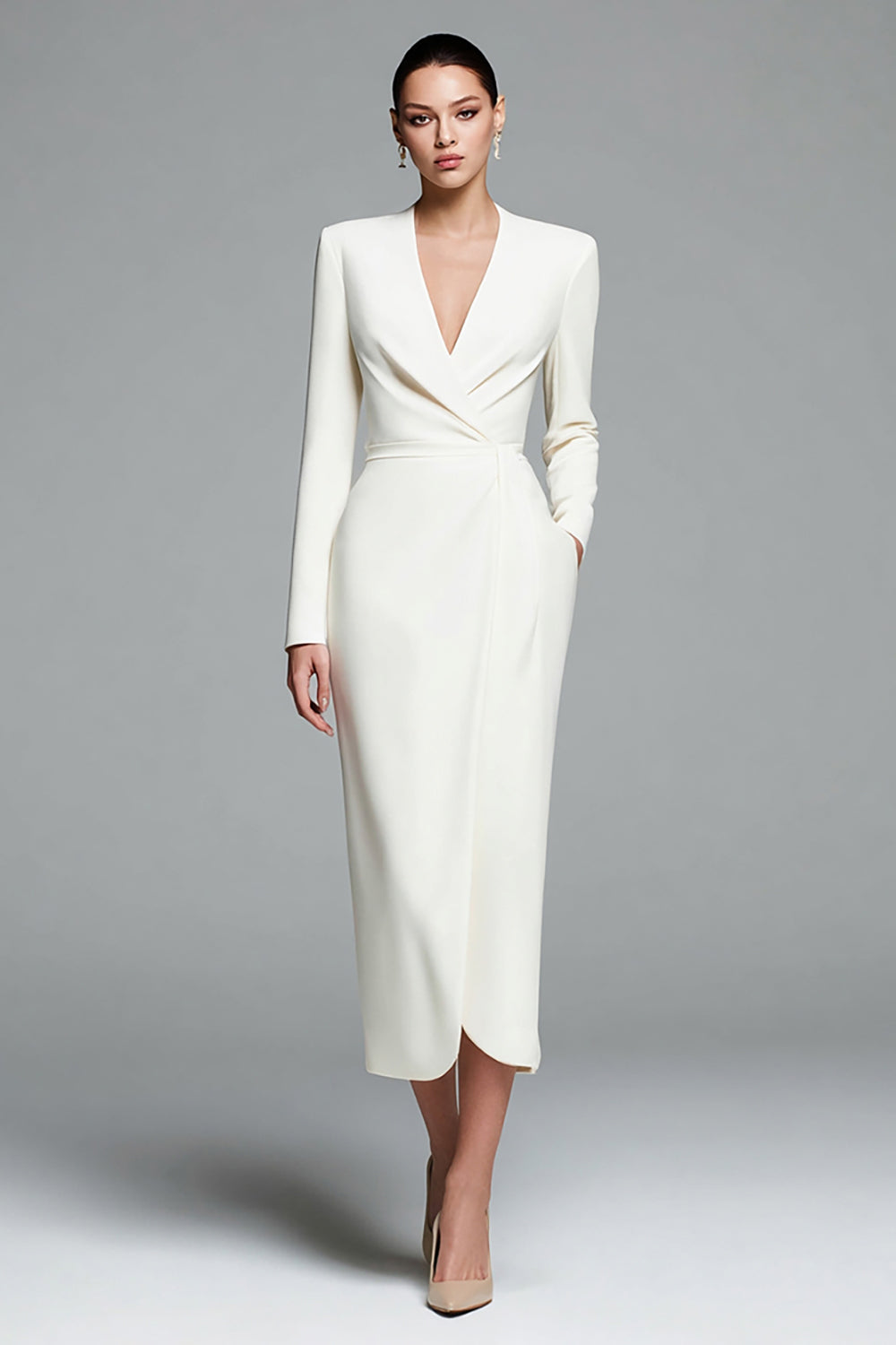 Ivory Sheath V-Neck Work Dress With Long Sleeves