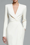 Ivory Sheath V-Neck Work Dress With Long Sleeves