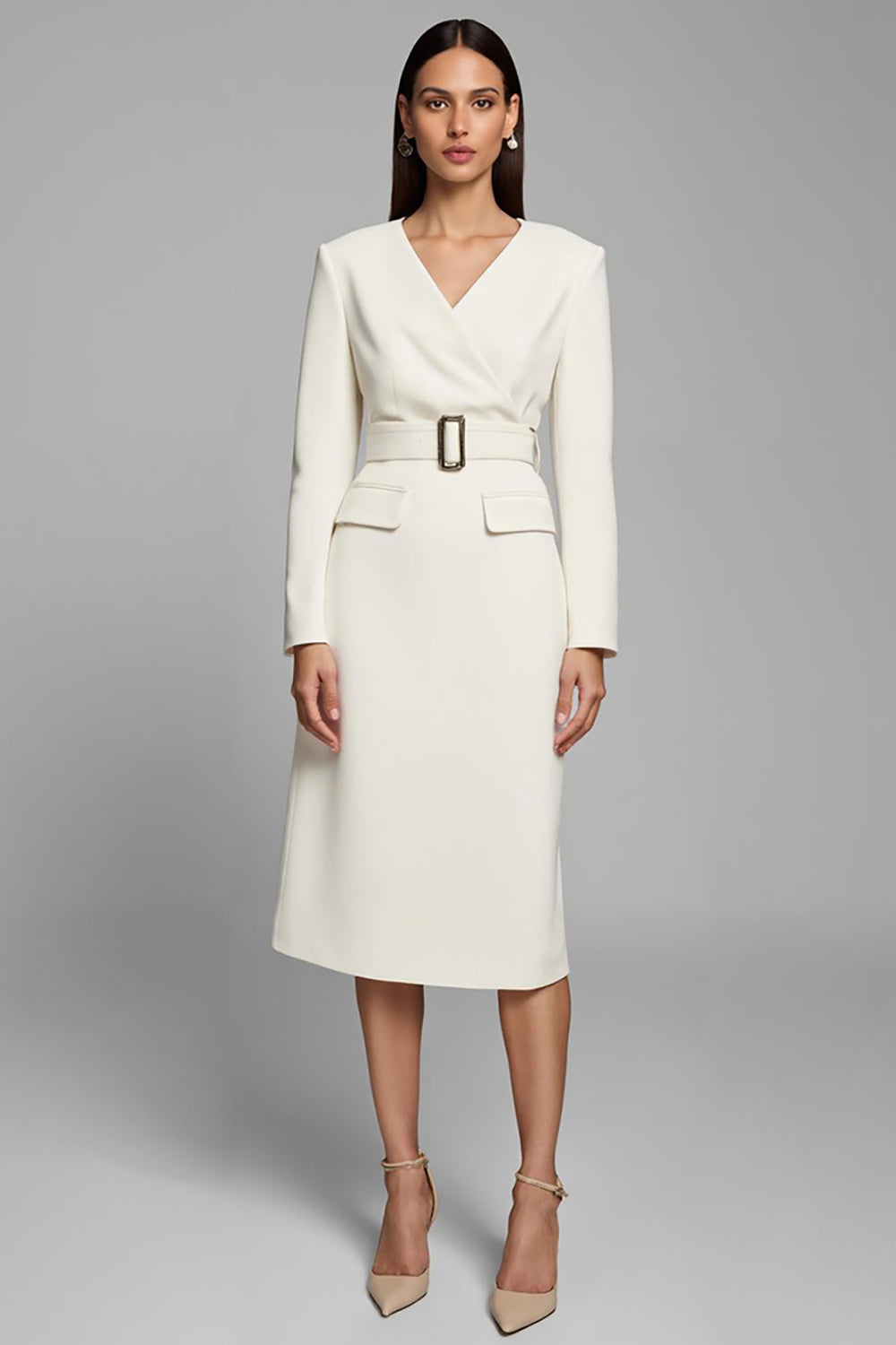 Ivory Sheath Long Sleeve V-Neck Work Dress With Belt