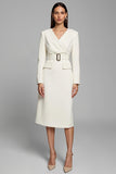 Ivory Sheath Long Sleeve V-Neck Work Dress With Belt