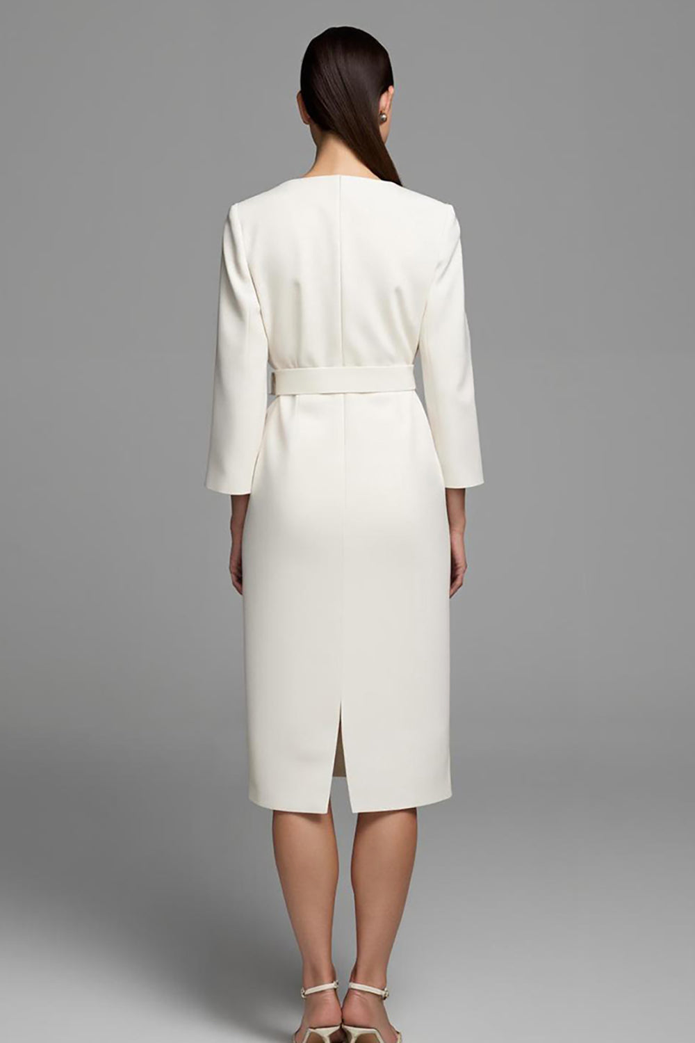 Ivory Sheath Long Sleeve V-Neck Work Dress With Belt