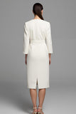 Ivory Sheath Long Sleeve V-Neck Work Dress With Belt