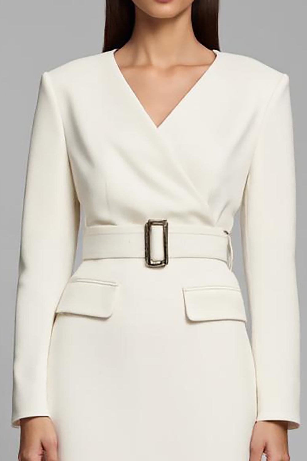 Ivory Sheath Long Sleeve V-Neck Work Dress With Belt