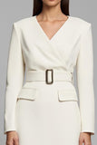 Ivory Sheath Long Sleeve V-Neck Work Dress With Belt