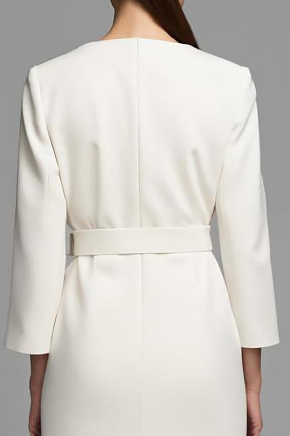 Ivory Sheath Long Sleeve V-Neck Work Dress With Belt