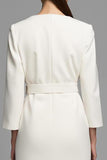 Ivory Sheath Long Sleeve V-Neck Work Dress With Belt