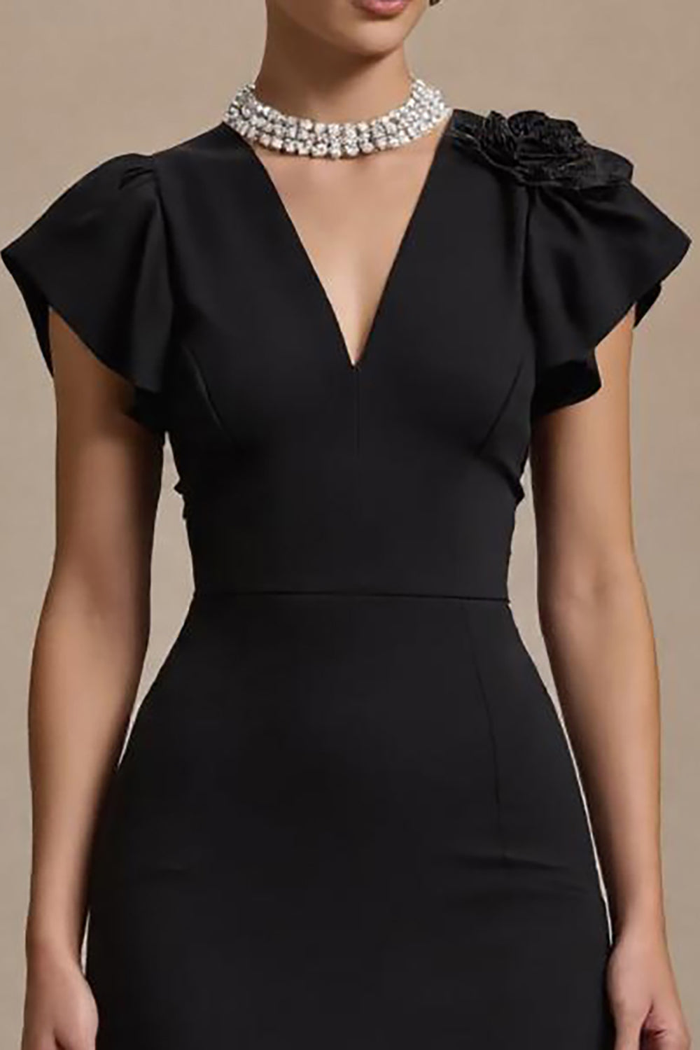 Black V-Neck Midi Work Dress With Ruffles