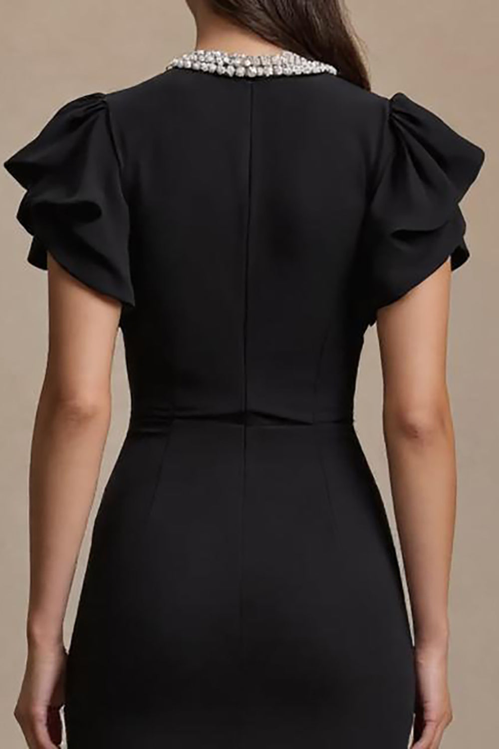 Black V-Neck Midi Work Dress With Ruffles