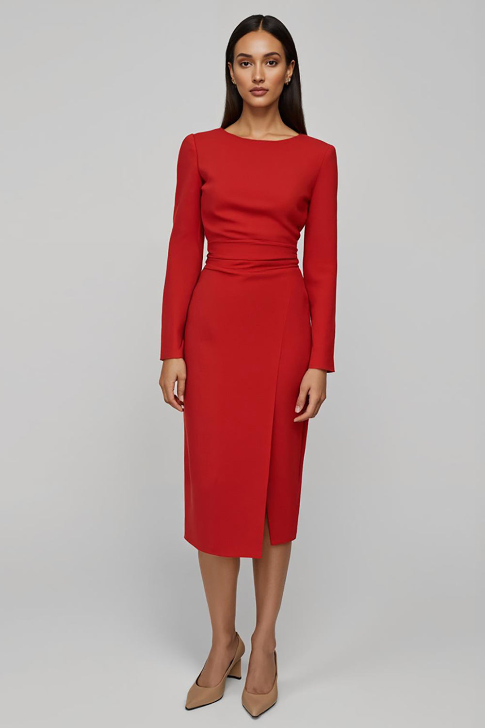 Red Sheath Long Sleeve Work Dress With Slit