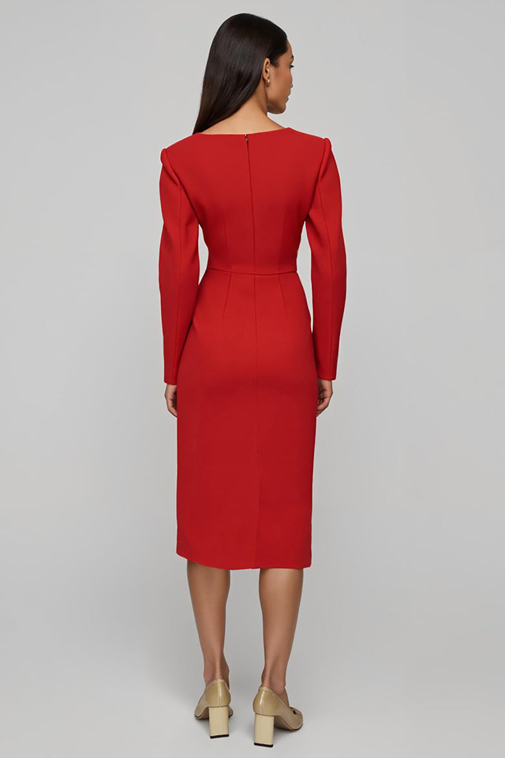 Red Sheath Long Sleeve Work Dress With Slit