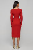 Red Sheath Long Sleeve Work Dress With Slit