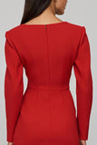 Red Sheath Long Sleeve Work Dress With Slit