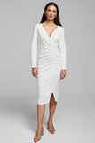 Ivory Ruched V-Neck Long Sleeve Work Dress With Slit