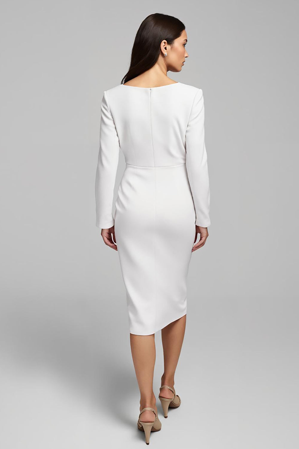 Ivory Ruched V-Neck Long Sleeve Work Dress With Slit