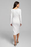 Ivory Ruched V-Neck Long Sleeve Work Dress With Slit