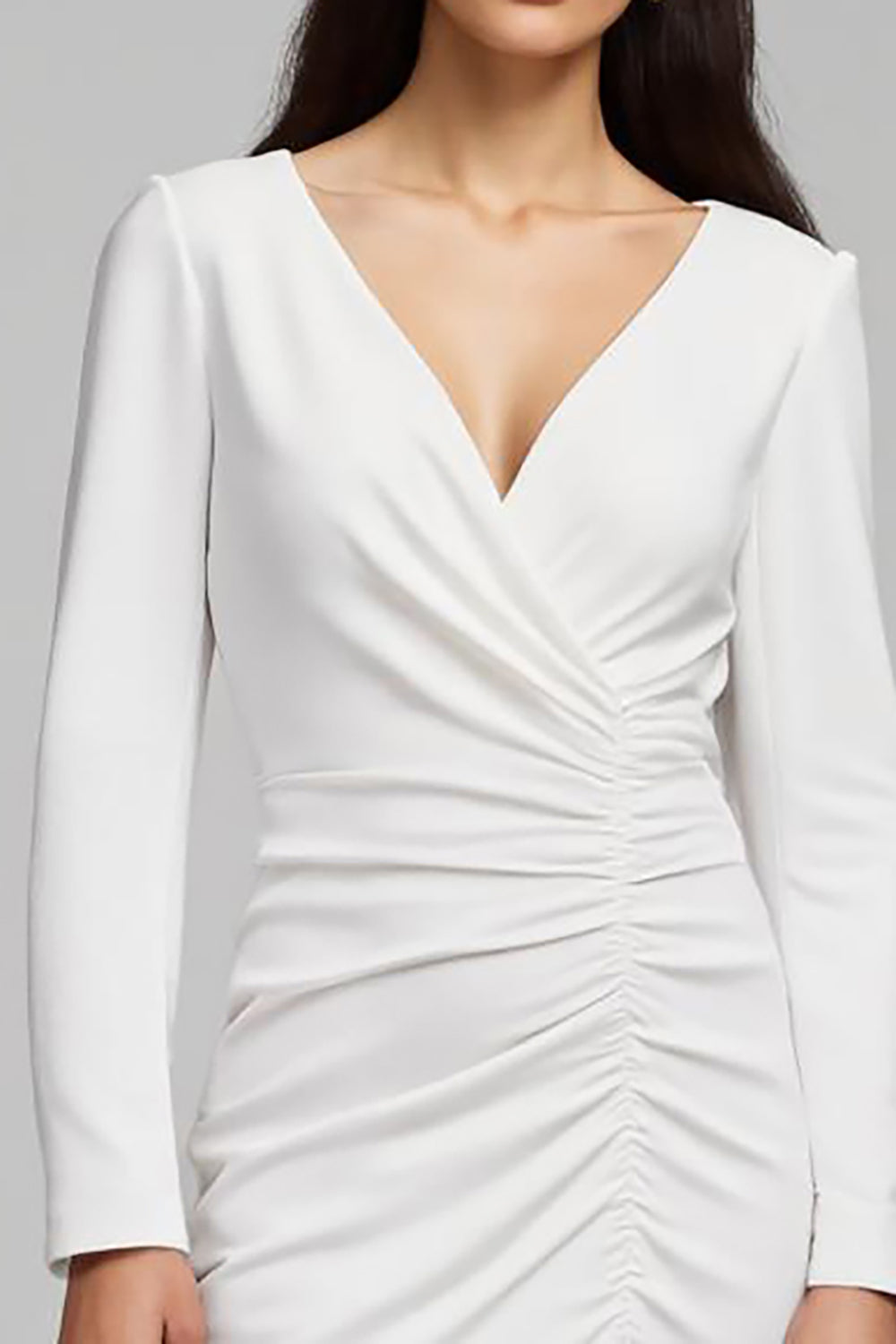 Ivory Ruched V-Neck Long Sleeve Work Dress With Slit
