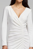 Ivory Ruched V-Neck Long Sleeve Work Dress With Slit