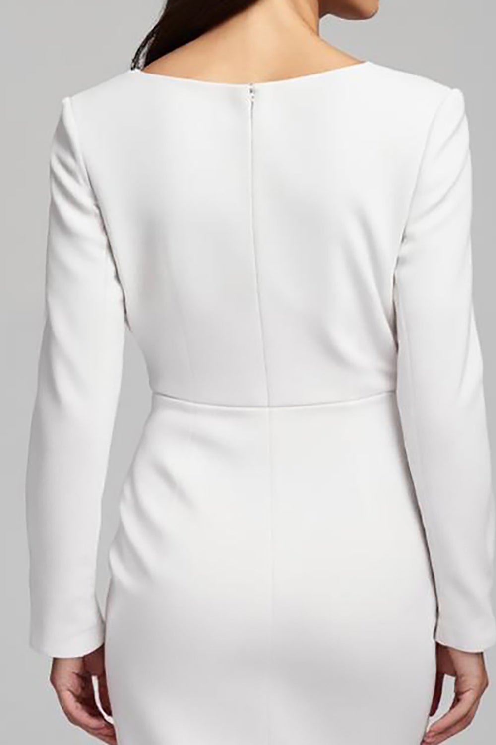 Ivory Ruched V-Neck Long Sleeve Work Dress With Slit